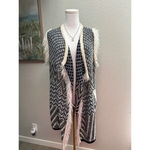 World Market Boho Tribal Fringe Knit Vest Sweater Aztec Geometric Print OS